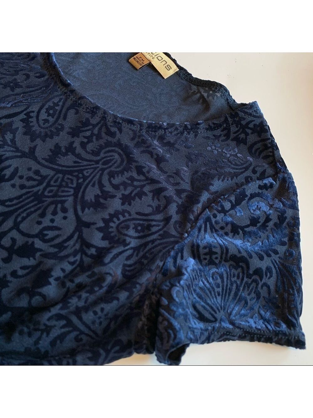 Navy blue paisley burnout short sleeve baby tee top fall winter night out sexy